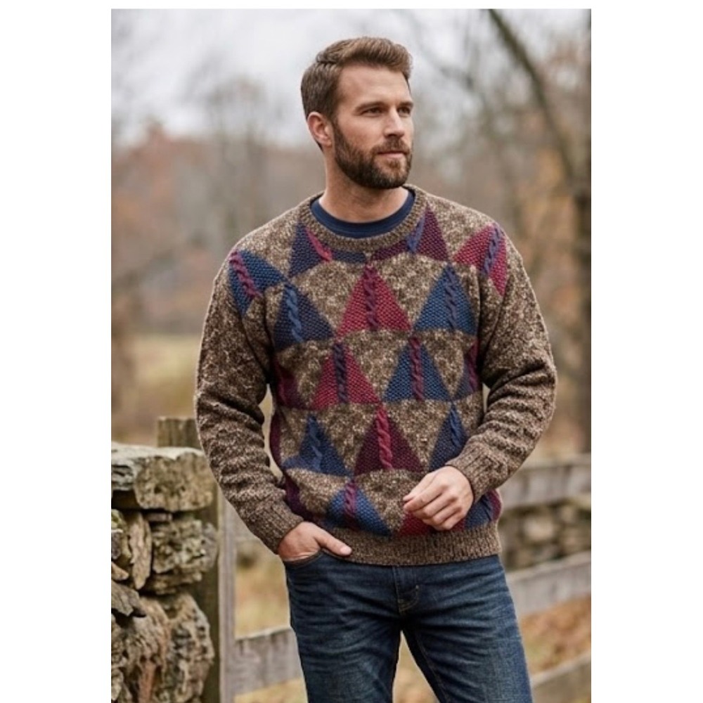 Northern Isles Sweater Vintage Carob Mix Combo Fisherman Knitted Mens Large